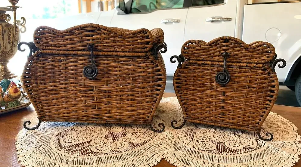 Woven Wicker Baskets with Wrought Iron Handles and Latches - Set of 2